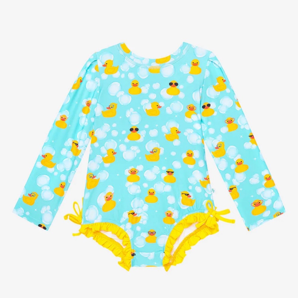Posh Peanut Girl's Long Sleeve Ruffled Rash Guard Swimsuit - Ducky - size 5T